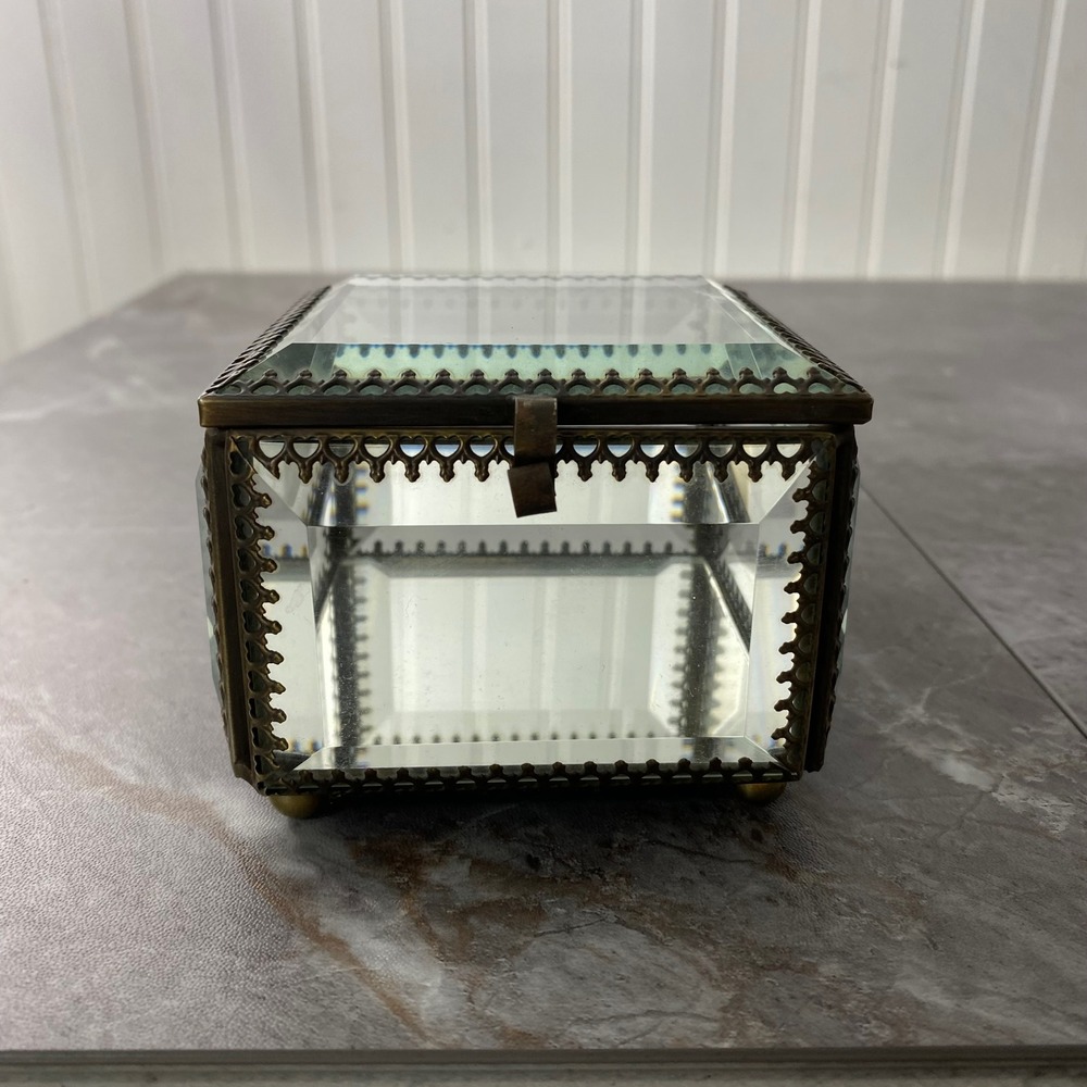 Nicole Miller Home Beveled Glass Jewelry Box Brass Filigree Heart Trim Square